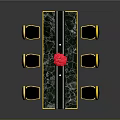 Elegant Dining Table Set With Green Marble Top Golden Frame Black Chairs And Red Flower