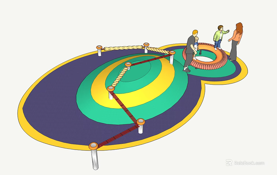 Colorful Outdoor Playground Equipment With Circular Mats Rope Elements And Posts 3d model 