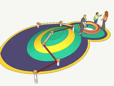Colorful Outdoor Playground Equipment With Circular Mats Rope Elements And Posts 3d model