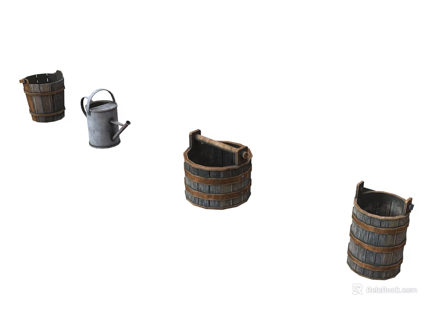 Rustic Household Items Collection Featuring Wooden Buckets and Metal Watering Can 3d model 