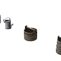 Rustic Household Items Collection Featuring Wooden Buckets and Metal Watering Can