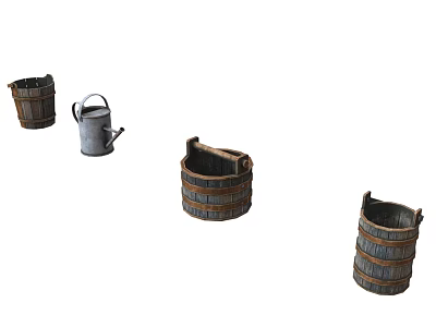 Rustic Household Items Collection Featuring Wooden Buckets and Metal Watering Can 3d model