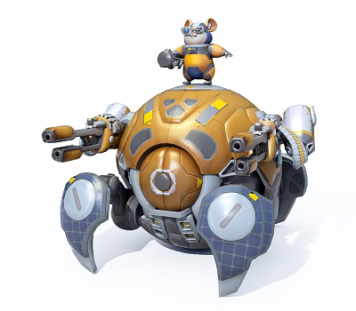 Mouse Toy Wearing Goggles Yellow Blue Outfit On Orange Gray Mechanical Sphere With Cannons Legs 3d model