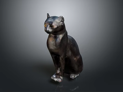 Artistic Black Cat Statue in Sitting Posture with Metallic Finish on Gray Background 3d model