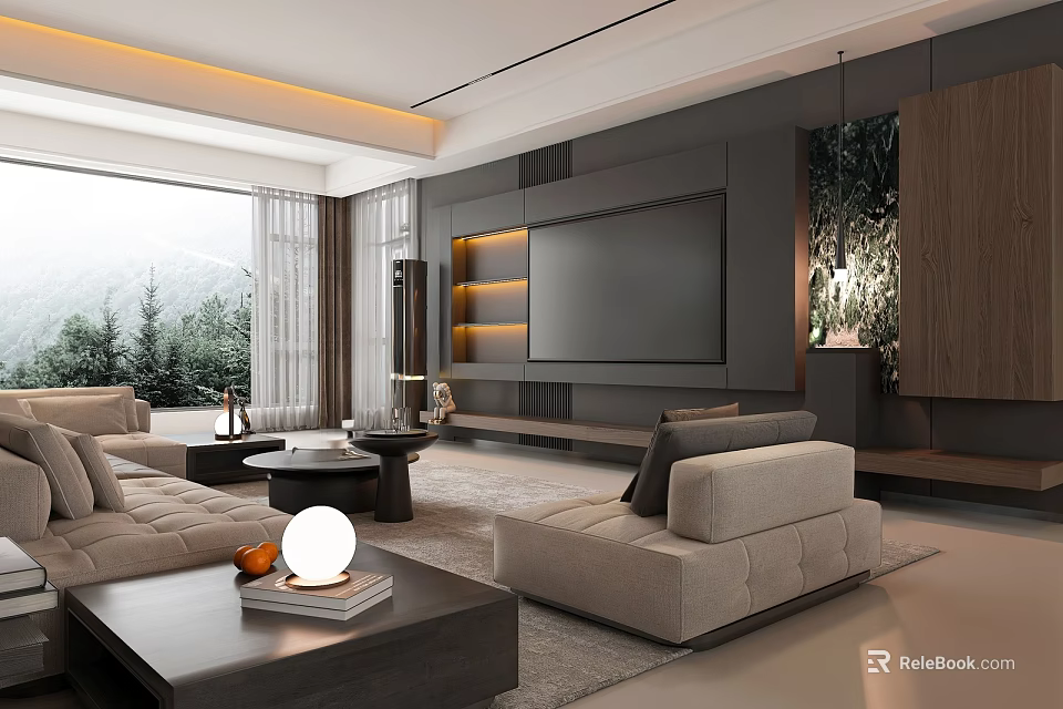 Modern Open Living Dining Room Interior With Sofa Coffee Table And TV Wall 3d model 