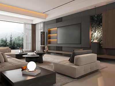 Modern Open Living Dining Room Interior With Sofa Coffee Table And TV Wall 3d model