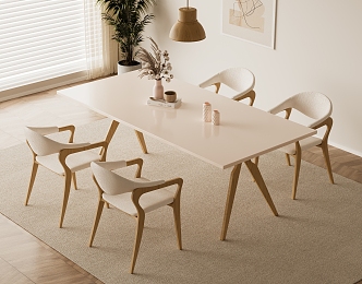 Modern Cream Style Dining Table and Chair Combination Fabric Backrest Chair Book Ornaments Potted Plant Decorative Painting Carpet 3d model