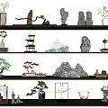 Zen Style Decorative Ornament Set with Mountain Shaped Stone Pine and Vase on Shelf