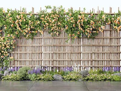 Vines With Yellow Flowers Growing On Wooden Fence Surrounded By Purple Flowers And Green Plants 3d model