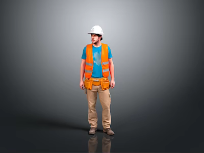Man in Construction Worker Attire With White Hard Hat Orange Safety Vest and Tool Belt 3d model