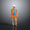 Man in Construction Worker Attire With White Hard Hat Orange Safety Vest and Tool Belt