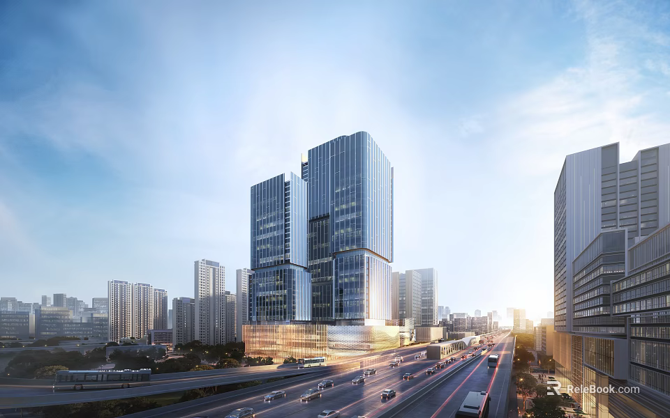 Modern High Rise Office Building With Glass Facade In Urban Skyline And Busy Road 3d model 