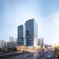 Modern High Rise Office Building With Glass Facade In Urban Skyline And Busy Road