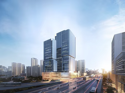 Modern High Rise Office Building With Glass Facade In Urban Skyline And Busy Road 3d model