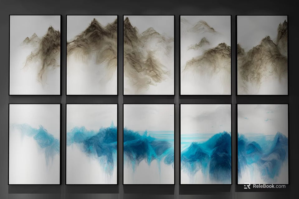 Abstract Landscape Paintings In Brown And Blue Tones Arranged In Two Rows 3d model 