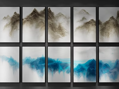 Abstract Landscape Paintings In Brown And Blue Tones Arranged In Two Rows 3d model