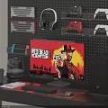 Gaming Computer Setup Featuring Monitor Red Dead Redemption Keyboard Mouse on Desk Pegboard Headphones Controllers