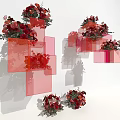 Creative Floral Installation with Transparent Blocks and Red Pink Flowers 3d model