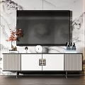 Modern TV Stand With Chinese Pattern Design And Marble Wall Decorative Items 3d model