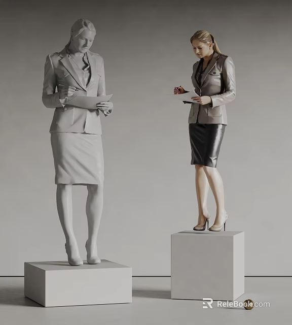 Professional Women Statues Dressed in Suits with Skirts Holding Documents on White Cube Pedestals 3d model 