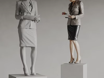 Professional Women Statues Dressed in Suits with Skirts Holding Documents on White Cube Pedestals 3d model