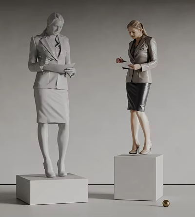 Professional Women Statues Dressed in Suits with Skirts Holding Documents on White Cube Pedestals 3d model