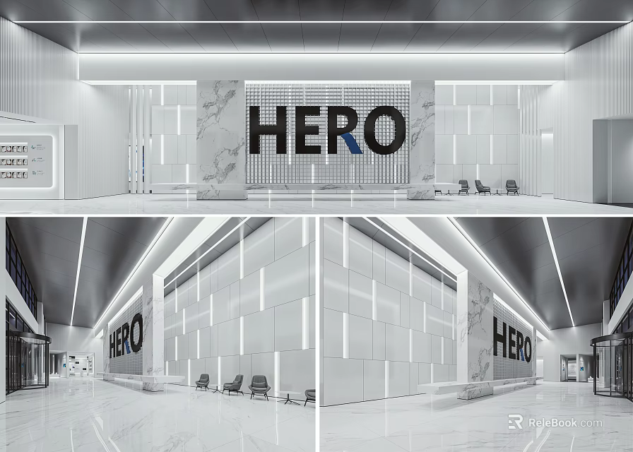 Modern Office Reception Area With HERO Logo Marble Walls And Seating 3d model 