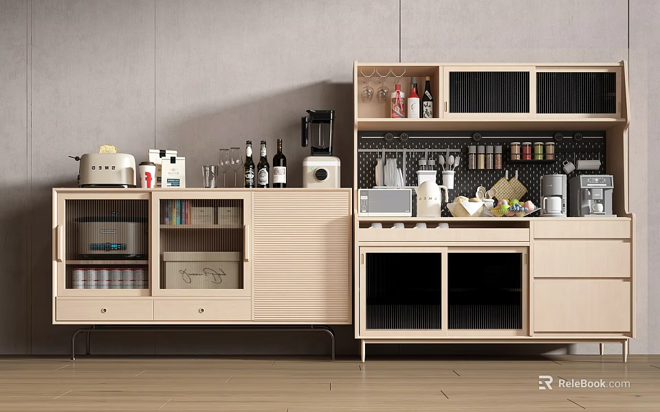 Modern Sideboard Design With Open Shelves Coffee Maker And Wine Storage 3d model 