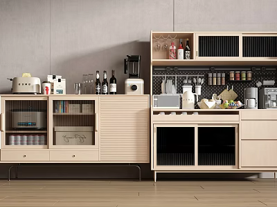 Modern Sideboard Design With Open Shelves Coffee Maker And Wine Storage 3d model