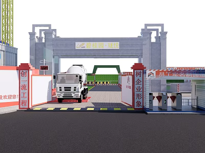 Construction Site Main Gate Entrance With Truck And Slogan Boards Facilities 3d model