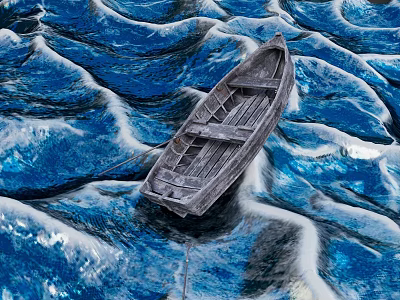 Rustic Wooden Boat Floating On Blue Ocean Waves With White Foam Details 3d model