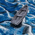 Rustic Wooden Boat Floating On Blue Ocean Waves With White Foam Details