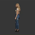 Woman In Beige Cropped Top And Blue Ripped Jeans Standing With Gray Background Reflective Floor