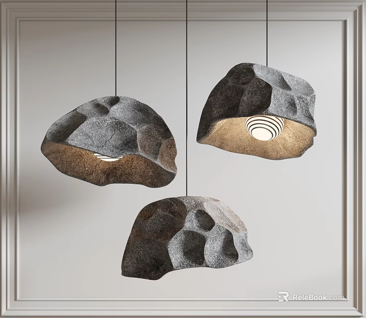 Three Unique Textured Pendant Lights With Modern Rock Like Surface Design 3d model 