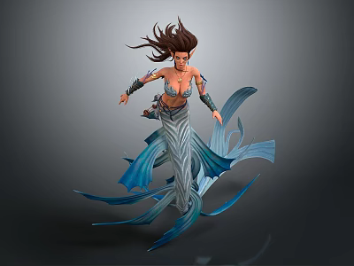 Fantasy Game Movie Character With Long Flowing Hair Blue White Mermaid Tail Design 3d model