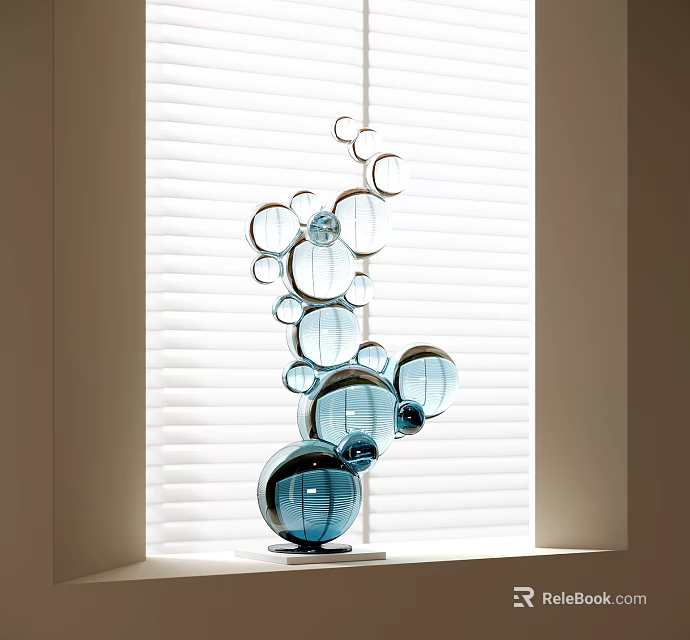 Decorative Blue Transparent Spheres Sculpture Placed By Window With White Blinds 3d model 