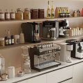 Modern Kitchen With Various Coffee Machines And Shelves Of Jars And Bottles