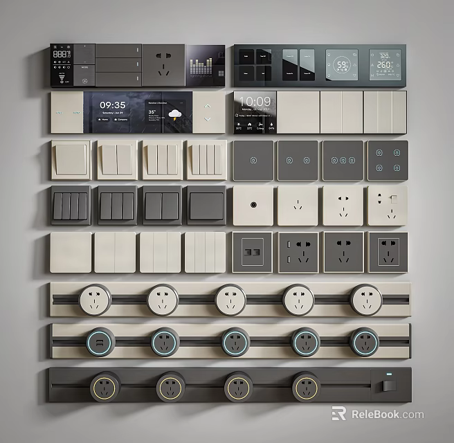 Modern Switch Panels Collection With Various Styles Gray White Switches And Sockets 3d model