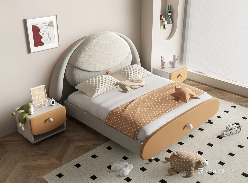 Cozy Kids Bed With Soft Headboard Wooden Frame Bedside Tables Decorative Pillows Toys Checkered Carpet 3d model 