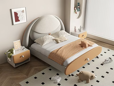 Cozy Kids Bed With Soft Headboard Wooden Frame Bedside Tables Decorative Pillows Toys Checkered Carpet 3d model