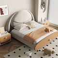 Cozy Kids Bed With Soft Headboard Wooden Frame Bedside Tables Decorative Pillows Toys Checkered Carpet