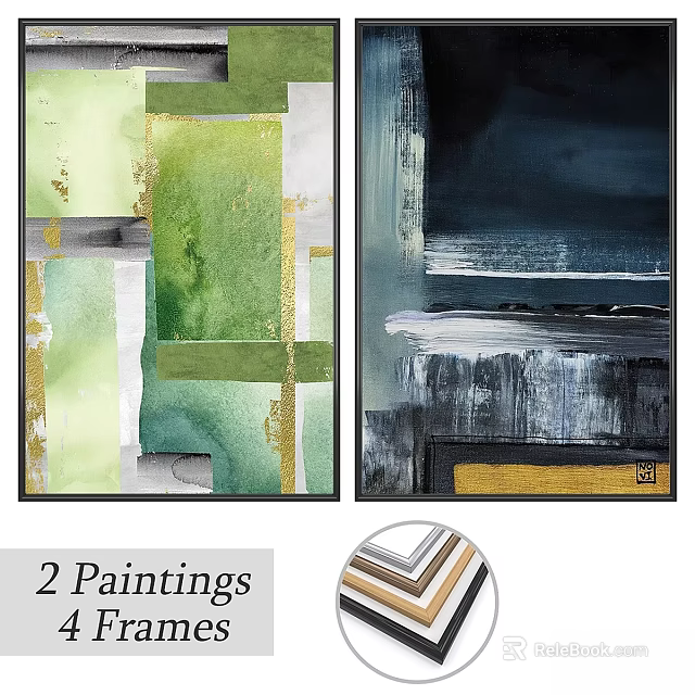 Two Framed Abstract Paintings With Green Blue Gold Tones For Wall Decor 3d model 