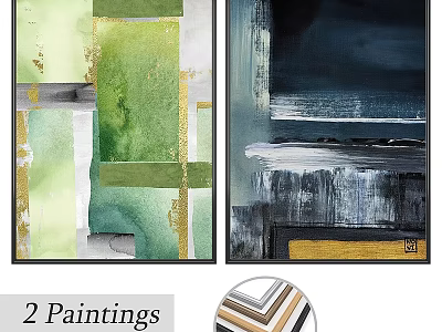 Two Framed Abstract Paintings With Green Blue Gold Tones For Wall Decor 3d model