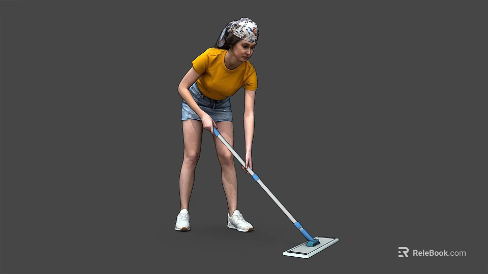 A Woman Wearing Yellow T-Shirt And Denim Shorts Mopping Floor With Mop And Headband 3d model 