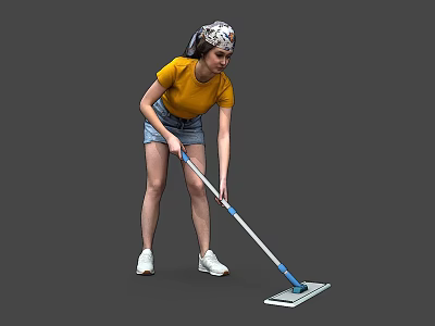 A Woman Wearing Yellow T-Shirt And Denim Shorts Mopping Floor With Mop And Headband 3d model