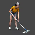A Woman Wearing Yellow T-Shirt And Denim Shorts Mopping Floor With Mop And Headband