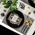 Elegant Decorative Ornament Set With Silver Gold Dinnerware Vase Wine Glasses Green Plant Marble Tabletop