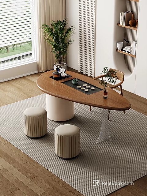 Minimalist Wooden Tea Table And Stools With Oval Design Tea Set And Potted Plants 3d model 