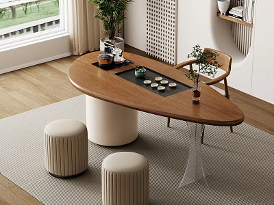 Minimalist Wooden Tea Table And Stools With Oval Design Tea Set And Potted Plants 3d model