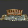 Wooden Outdoor Bench With Curved Back On Stone Slab Floor With Fallen Leaves